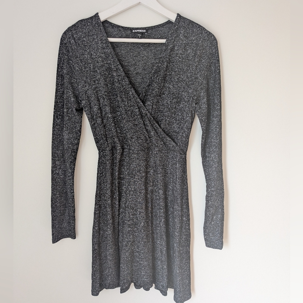 Express Black Metallic look Wrap-Style Long Sleeve Dress (size xs) knit v neck